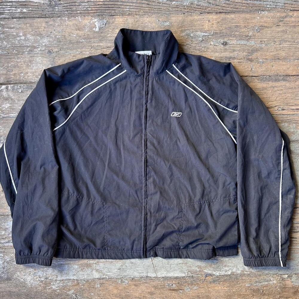 Vintage 90s Y2K Reebok Black White Stripe Windbreaker Jacket Womens - L